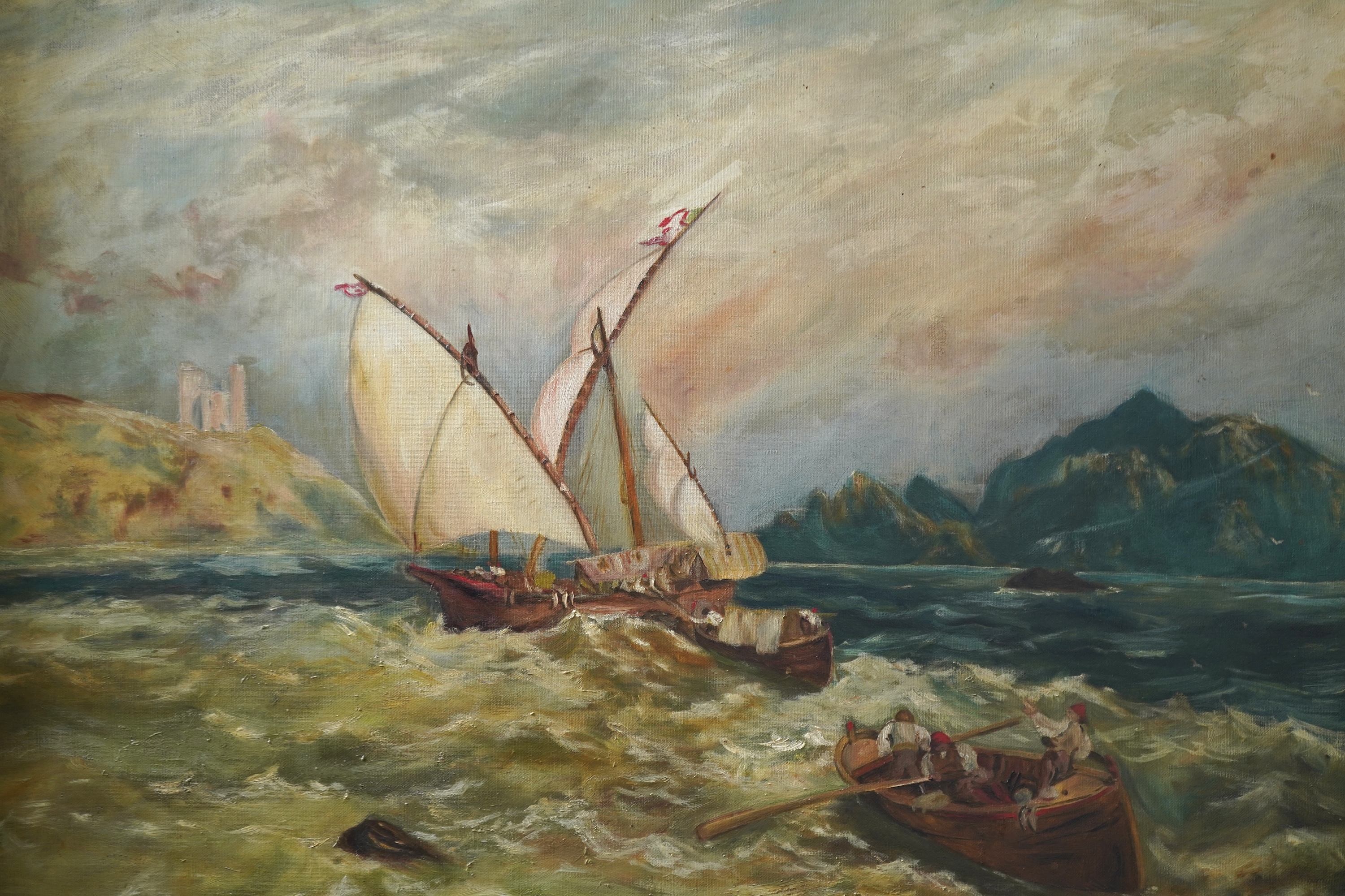 L. Dunn, Coastal scene with rough seas, a sailing boat and a rowing boat, signed and dated 1906, oil on canvas, 69 x 75cm